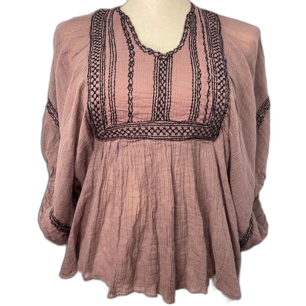 FP One Free People Embroidered Bib Gauze Blouse S Mauve Boho Convertible Top